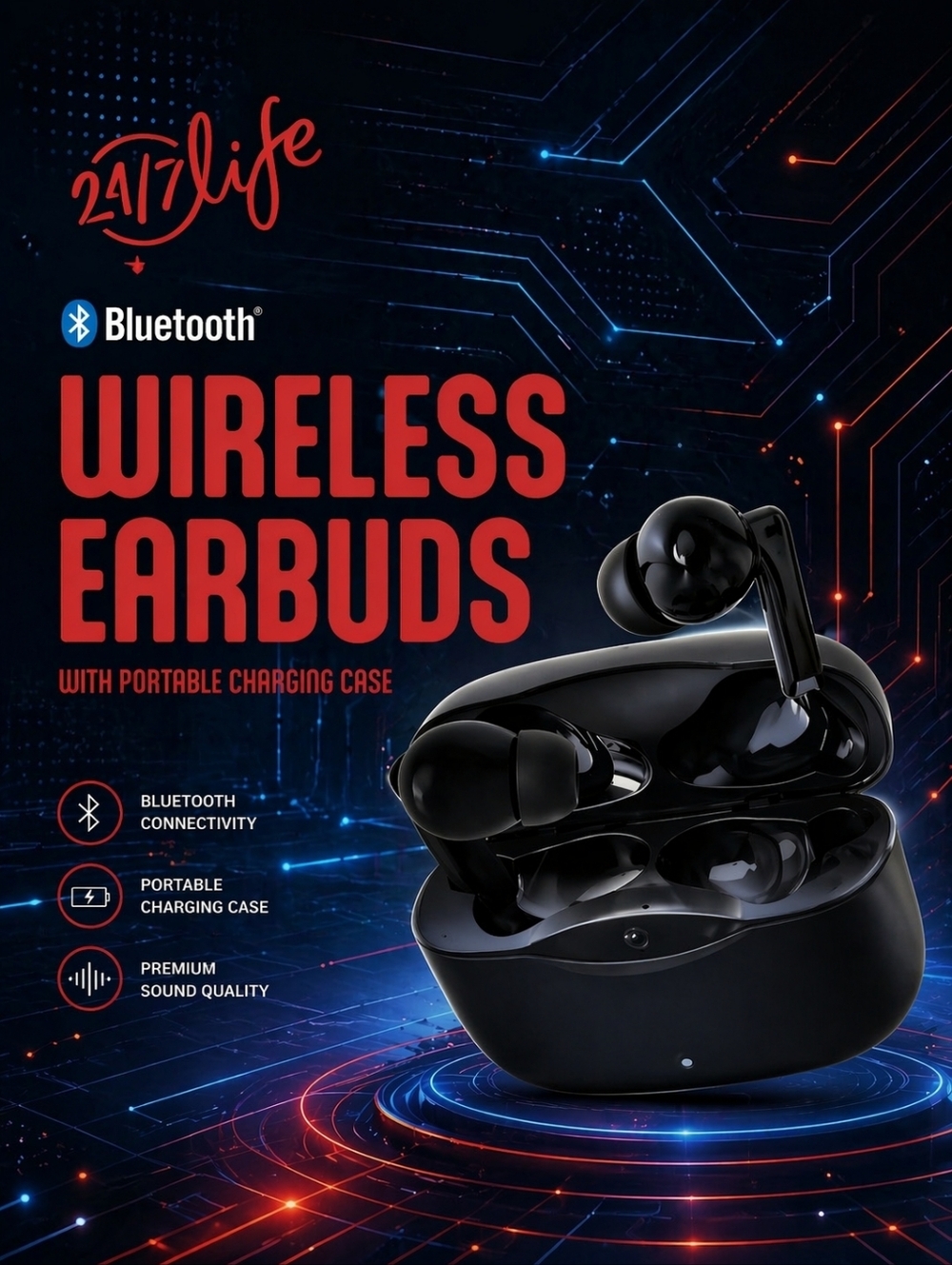 NWT 24/7 Brand Black Bluetooth Wireless Earbuds With Charging Case Included​